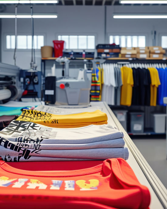 The Marketer Co print shop floor with finished apparel
